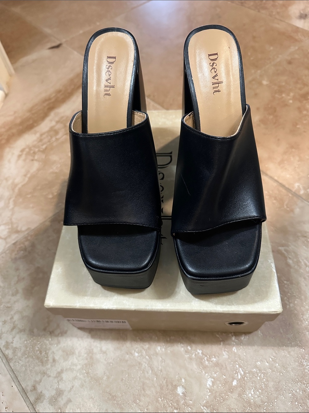 Dsevht Black Leather Platform Heels square open toe Sz 38 (US 8)